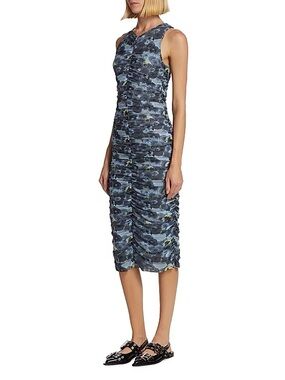 GANNI Ruched Floral-Print Stretch-Mesh Midi Dress, Brunnera Blue. Sz 40 Med/Lrg